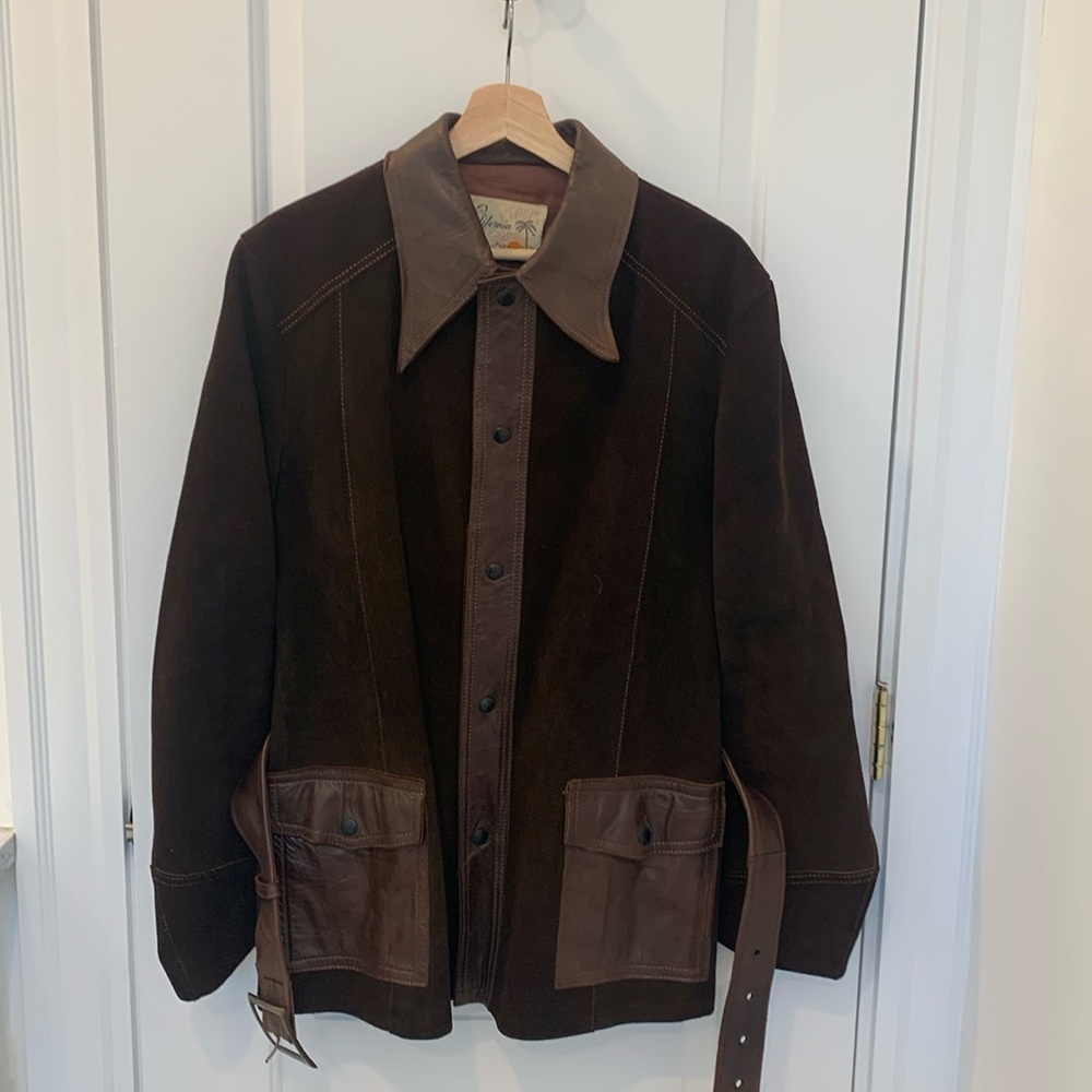 Dark Brown Leather-Trim Suede Jacket - Unbranded